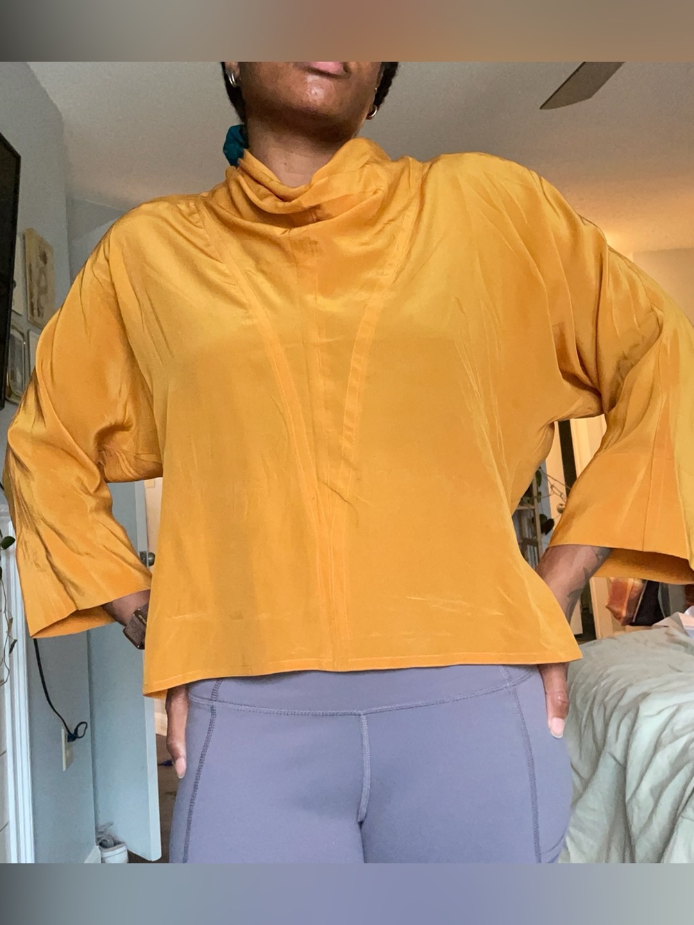 VTG 80s 100% Silk Mustard Yellow Draped Cowl Neck 3/4 Sleeve Blouse Sz 4 Retro